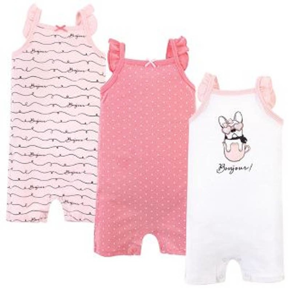 Hudson Baby Infant Girl Cotton Rompers 3pk, Bonjour NWT